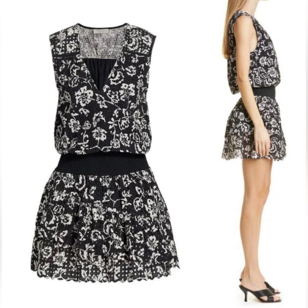 Ramy Brook Boone Black And White Eyelet Smocked Waist Mini Dress